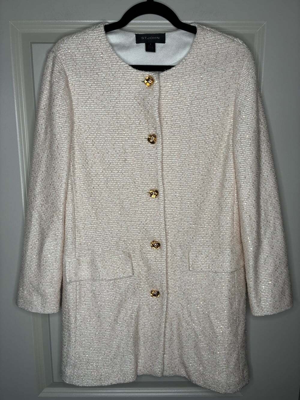 St John Metallic Gold Button Front Mid Length Jacket in Beige Size 8